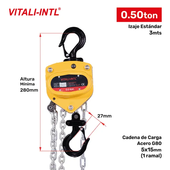 TECLE MANUAL 0.5T YAL0050 3mtsCARGA 5x15mm(1) G80 - 3mtsMANDO 5x25x17mm(2) VITALINTL