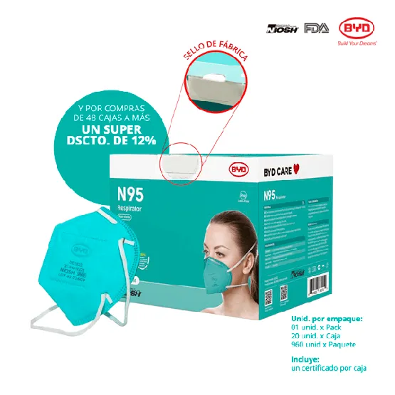 BYD RESPIRADOR QUIRURGICO N95 (DE2322) GB19083-2010 NIOSH PFE 95% (1caja=20unid)