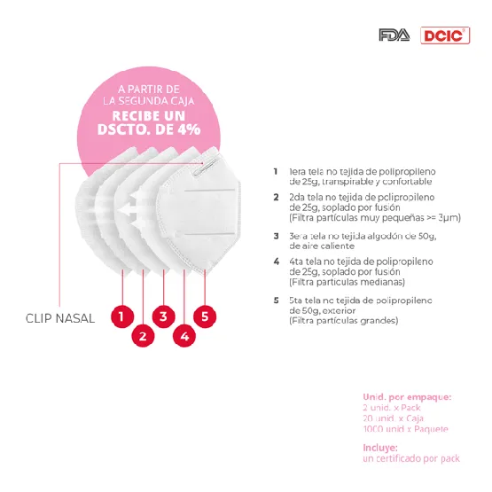 DCIC RESPIRADOR INDUSTRIAL KN95 GB2626-2006 TELA NO TEJIDA 5 CAPAS PFE 95% (1caja=20unid)
